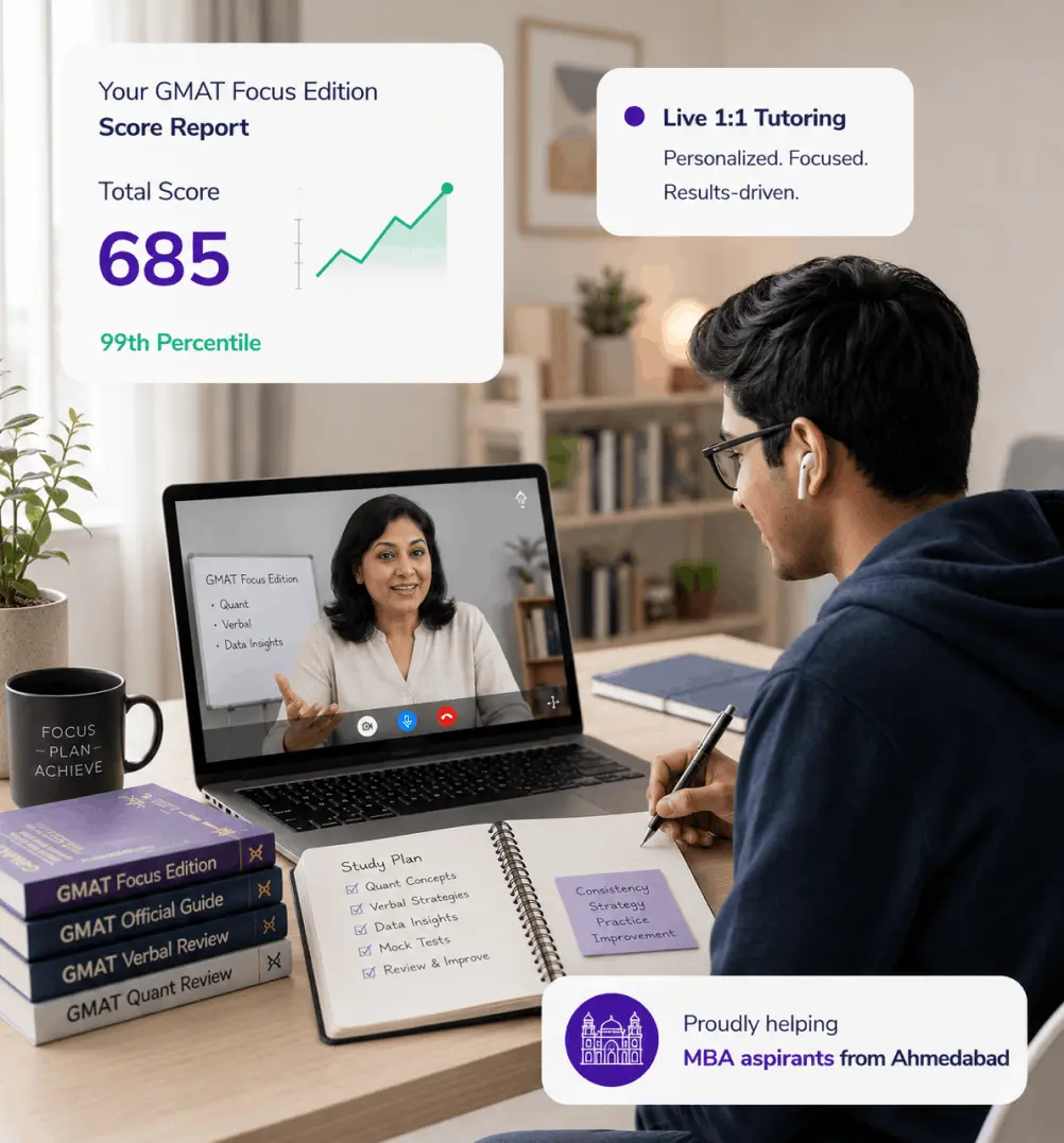 Expert GMAT coaching in ahmedabad for students and working professionals with live online classes, one-on-one tutoring, adaptive mock tests, and personalized GMAT Focus Edition preparation