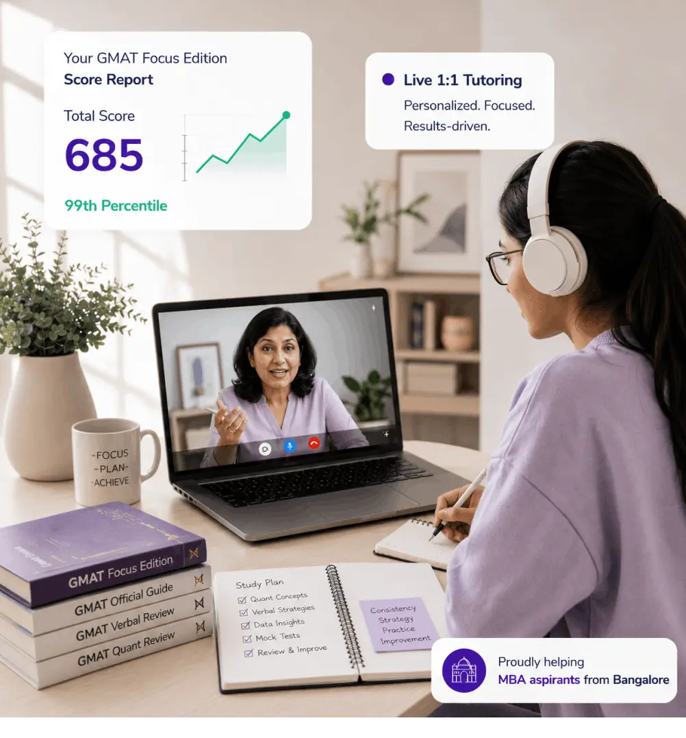 Expert GMAT coaching in bangalore for students and working professionals with live online classes, one-on-one tutoring, adaptive mock tests, and personalized GMAT Focus Edition preparation