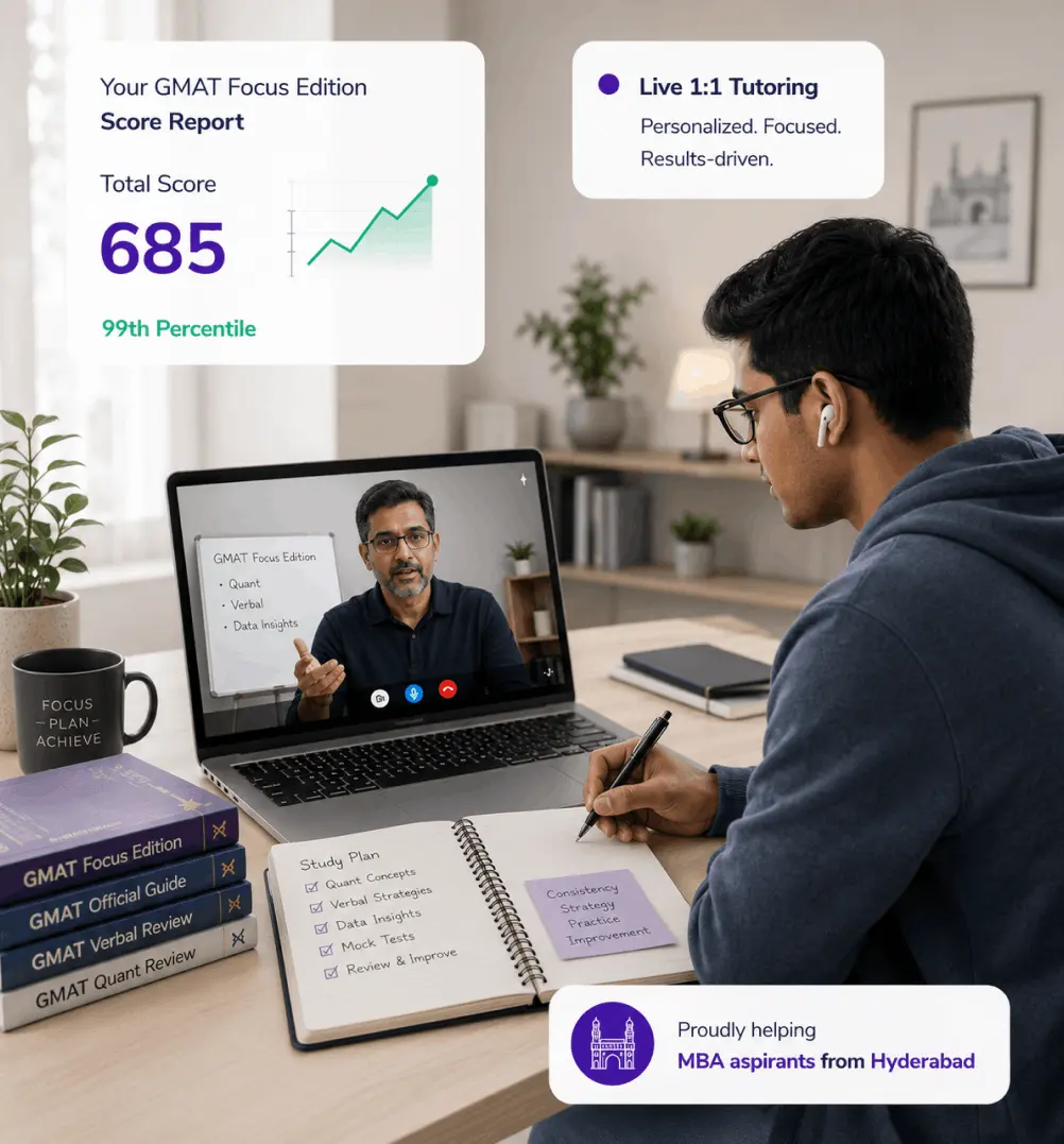 Expert GMAT coaching in hyderabad for students and working professionals with live online classes, one-on-one tutoring, adaptive mock tests, and personalized GMAT Focus Edition preparation